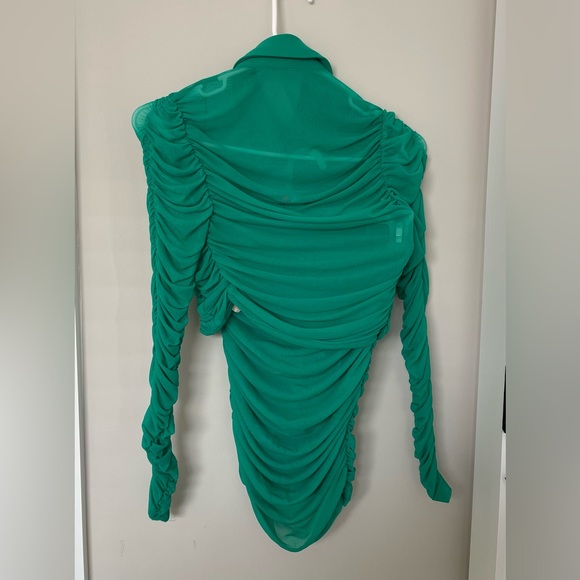 Bright Green Mesh Ruched Panel Long Sleeve Crop Top and Mini Skirt Set - Picture 2 of 5